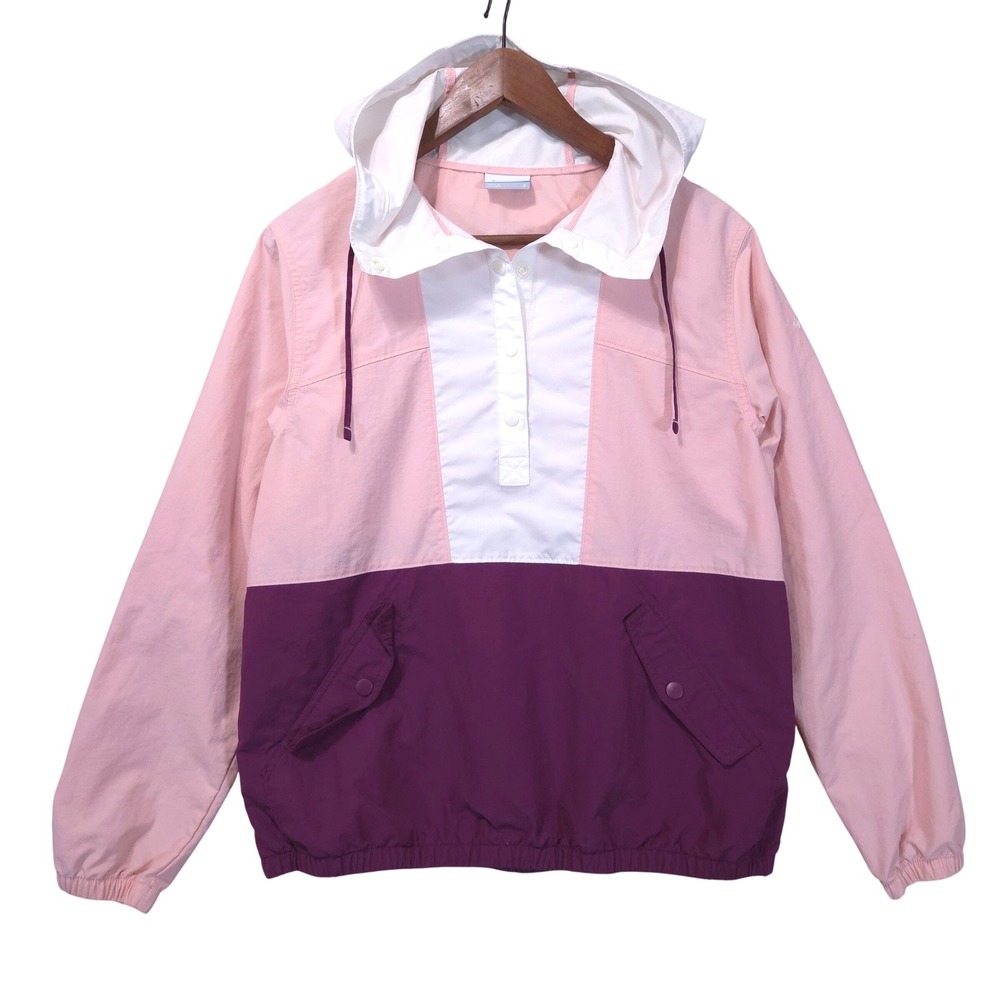 Columbia PFG Colorblock Anorak Windbreaker Womens S Half Snap Hooded Pink Purple